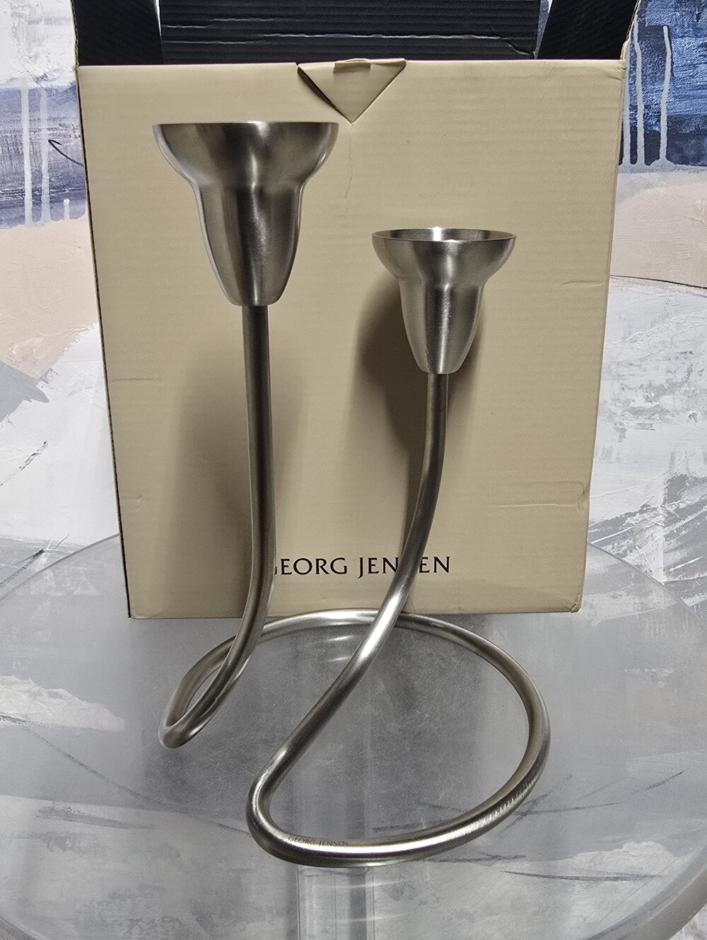 New In Box Georg Jensen 'Swing' Double Candlesticks